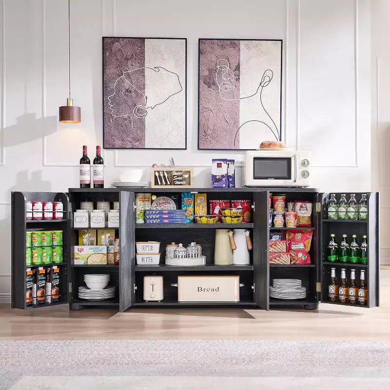 Buffet de cuisine avec 4 portes et étagères, grand buffet de rangement moderne, buffet de rangement de 66 po pour bar à café