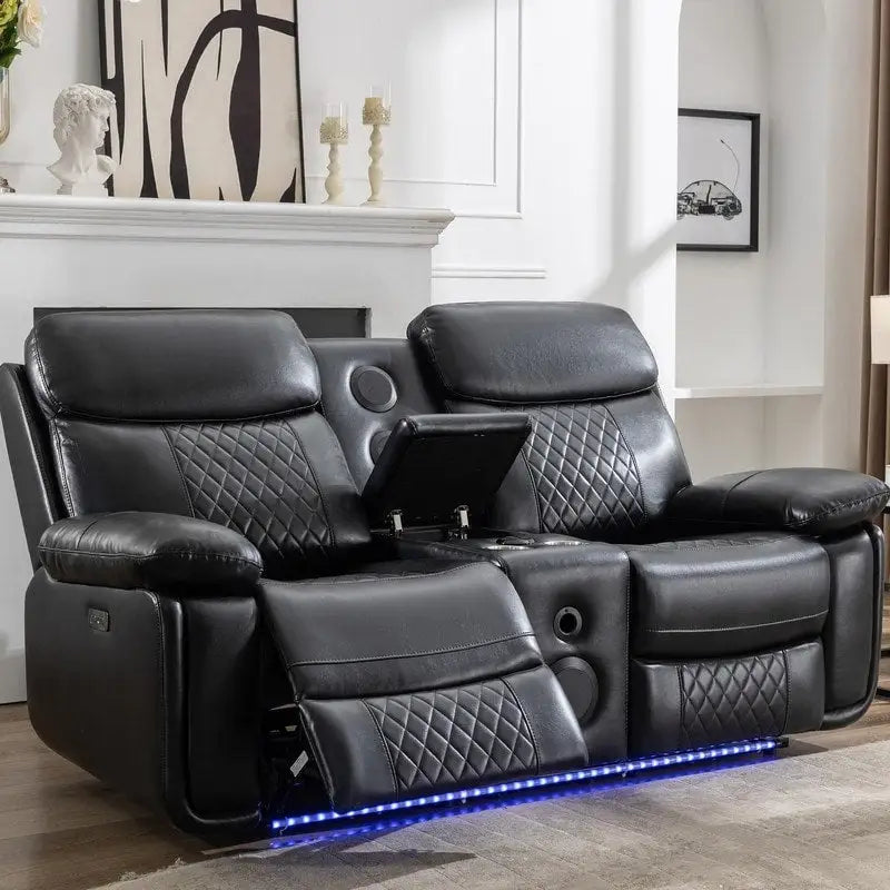 Divano reclinabile elettrico con caricabatterie wireless, luce di lettura, luce LED per soggiorno, similpelle, porta AC/USB, portabicchieri, nero