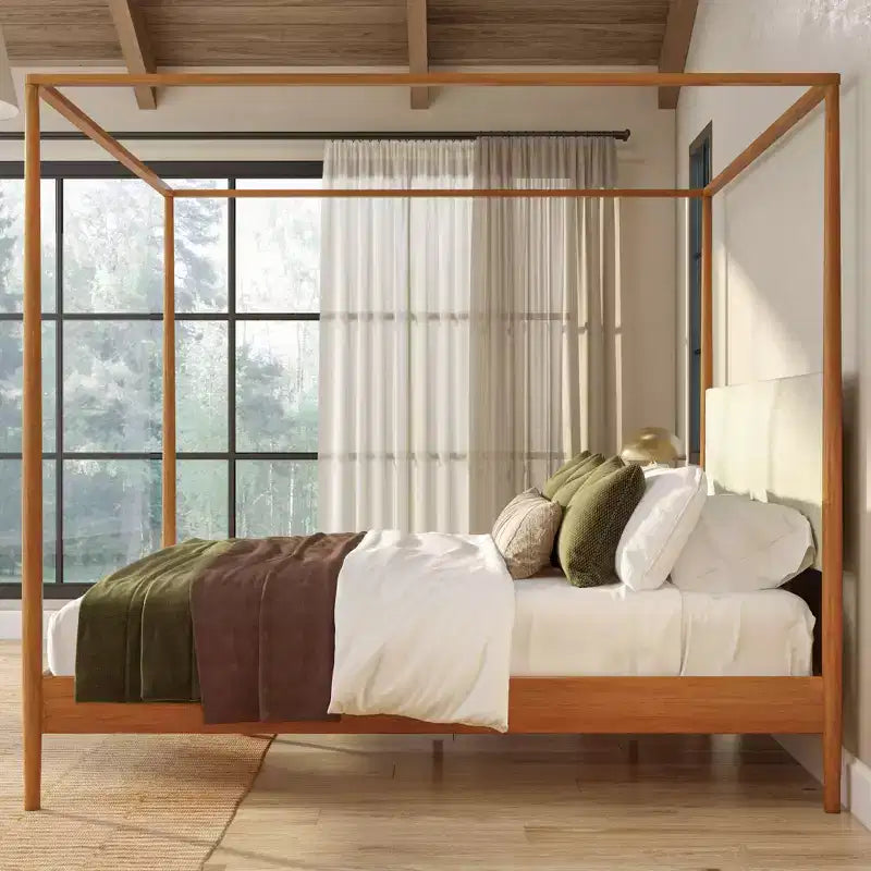 Letto a baldacchino Harbor King con testiera imbottita, biondo/Swiss Coffee (MD2411-01)