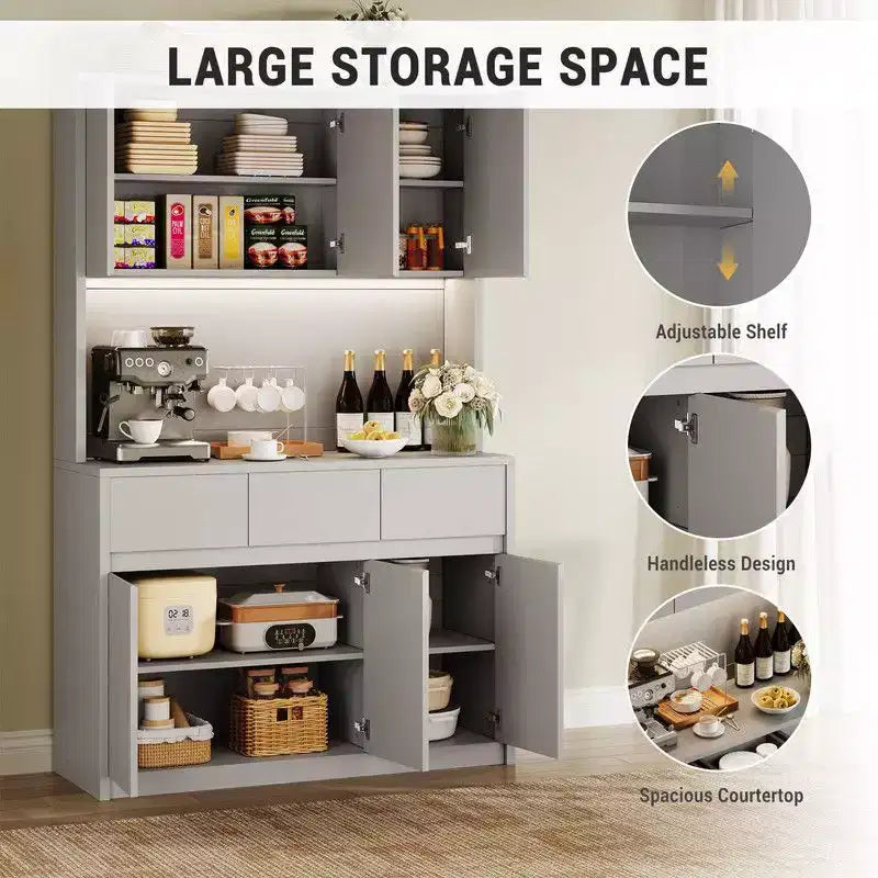 Mobile dispensa da cucina da 71 pollici, mobile dispensa con luci a LED e prese di corrente, mobile buffet con supporto per microonde, ripiani regolabili