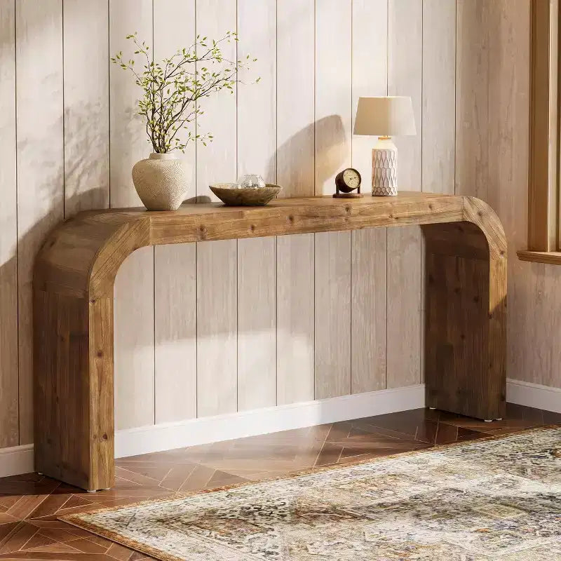 Consolle Lantine da 179 cm in Legno Massello, Tavolo da Divano in Stile Rustico con Angoli a Cascata per Ingresso, Soggiorno, Dietro al Divano, Legno Naturale