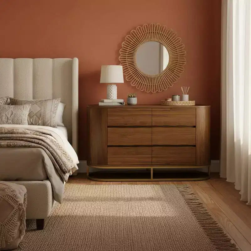 Comò moderno a 6 cassetti con design a bordo vivo, base in metallo e costruzione durevole in legno misto