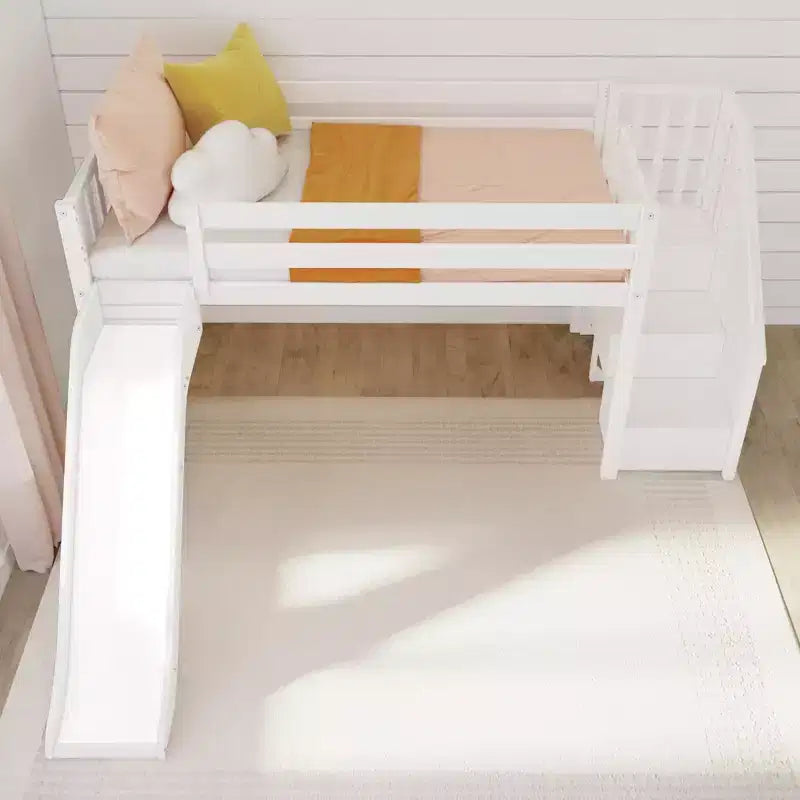 Letto a soppalco basso per bambini con scivolo e scale, in legno massiccio, 14 sponde protettive, capacità 180 kg