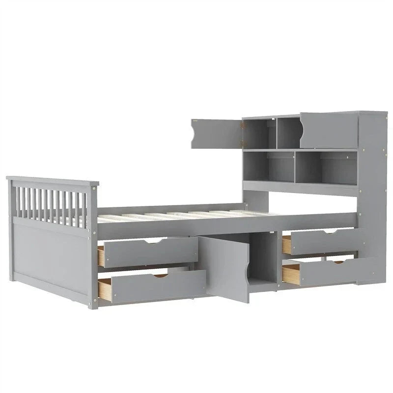 Letto a piattaforma Twin/Full Size Captain con 4 cassetti e mensole portaoggetti, struttura letto in legno massello con testiera libreria contenitore