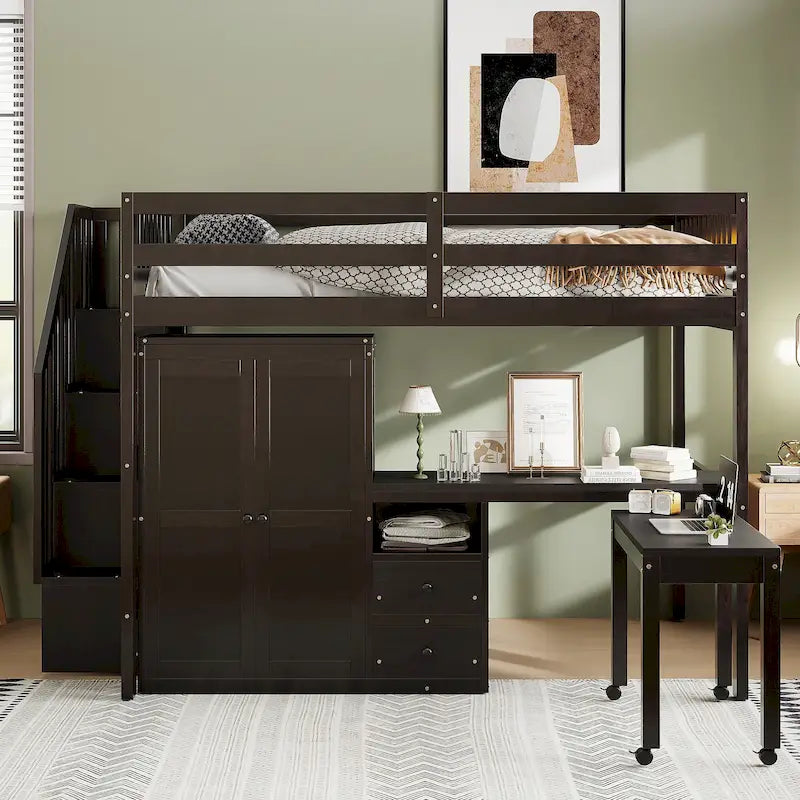 Letto a soppalco full-size con scala, libreria, scrivania e armadio - Mobili multifunzionali salvaspazio per bambini e ragazzi - Bianco