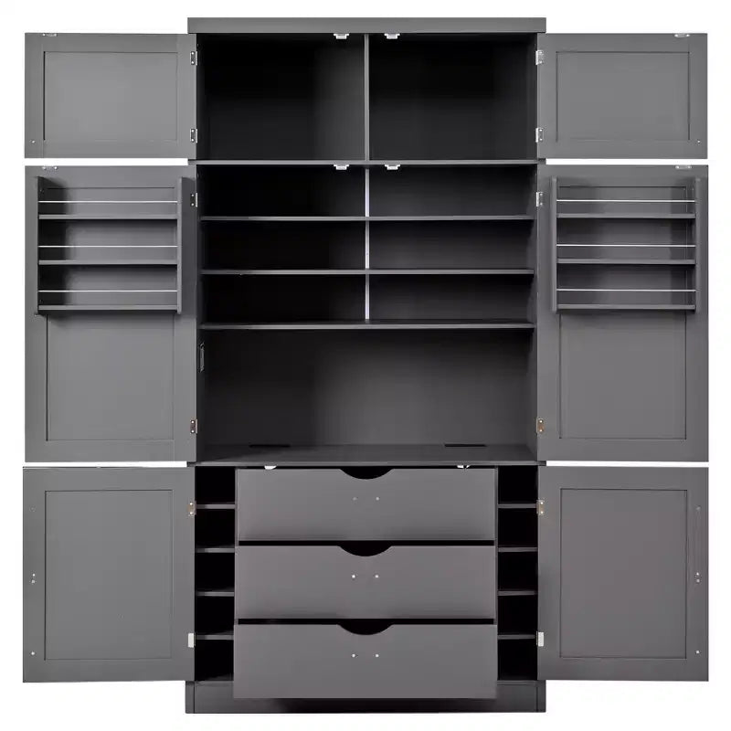 Dispensa Alta da Cucina con Prese di Corrente, Grande Credenza Autoportante con Supporto per Microonde, Cassetti, Scaffali, Portabottiglie e Ante con Ripiani