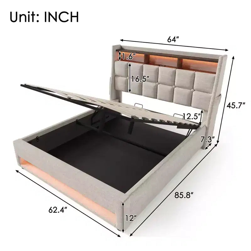 Letto Queen Size con Contenitore Idraulico, LED, USB, Testiera Imbottita, Nessuna Rete a Molle, Facile Montaggio