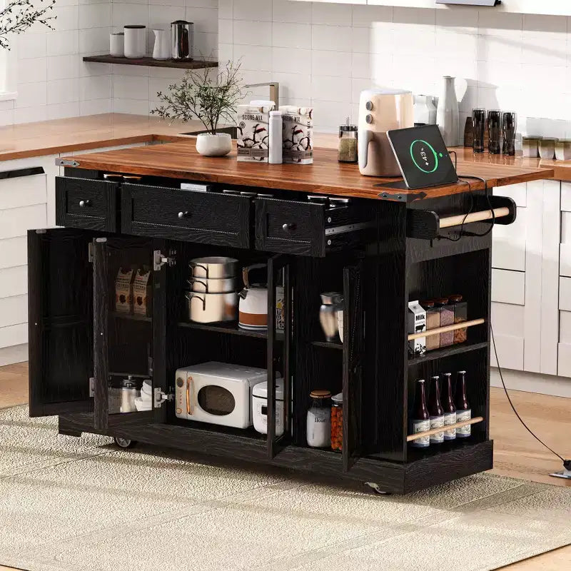 Carrello da cucina con ante in vetro temperato, portabottiglie laterali, presa di corrente e anta a ribalta