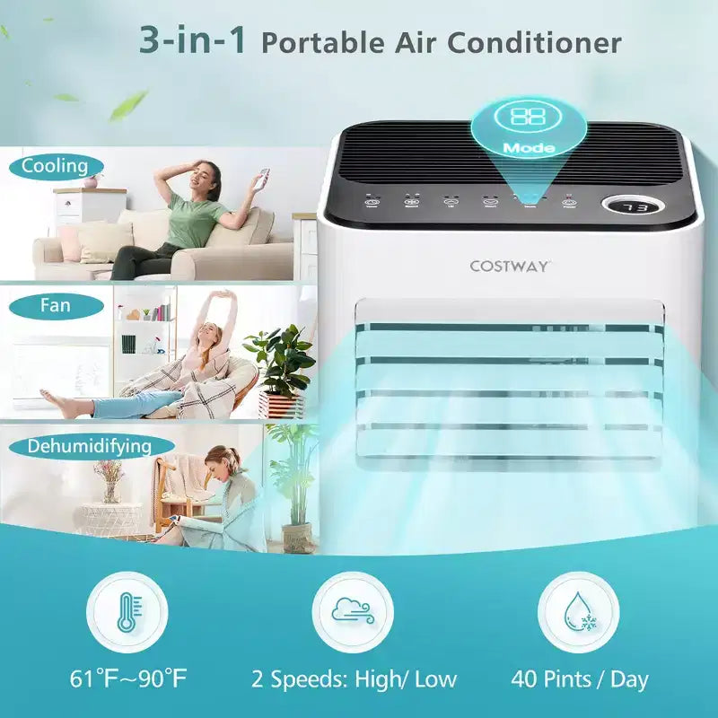 Condizionatore Portatile 3-in-1 Costway 8000 BTU con Ventilatore Deumidificatore e Modalità Notte