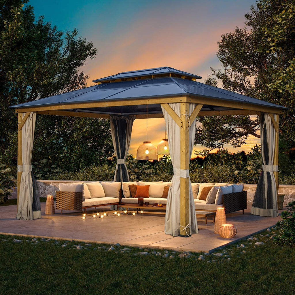 EROMMY Gazebo a tetto rigido, Pergola da esterno con doppio tetto, zanzariere e tende, Tenda da sole resistente per patio, cortile, feste in piscina