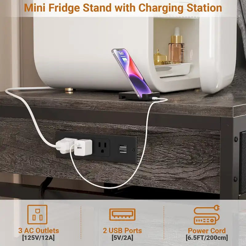 Mini Frigo con Stazione di Ricarica, Tavolino Laterale con Cassetti e Mobiletto su Ruote
