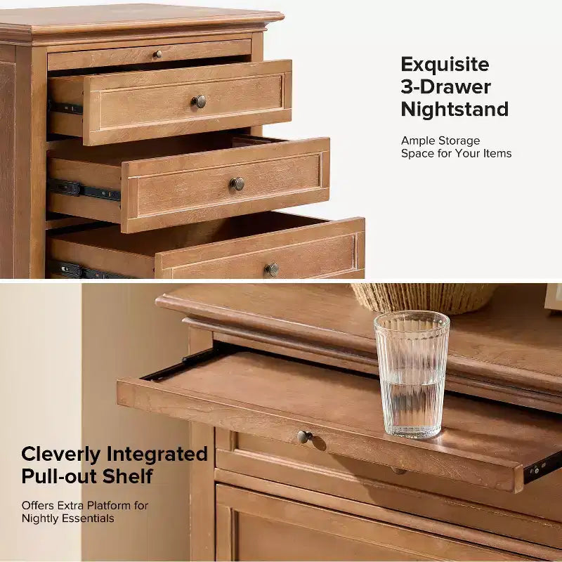 Giorgio 3 - Comodino con 3 cassetti e prese integrate, set da 2|HULALA HOME