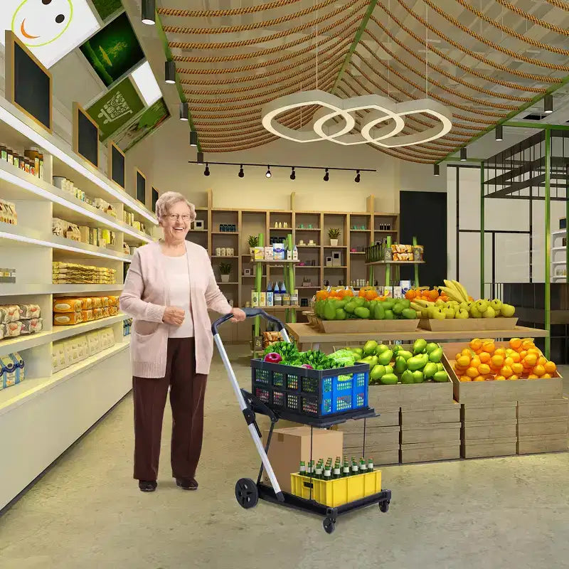 Carrelli della spesa pieghevoli a 2 livelli per la spesa, capacità 90 kg, carrello per la spesa portatile pieghevole con ruote e cassa rimovibile per centro commerciale, blu