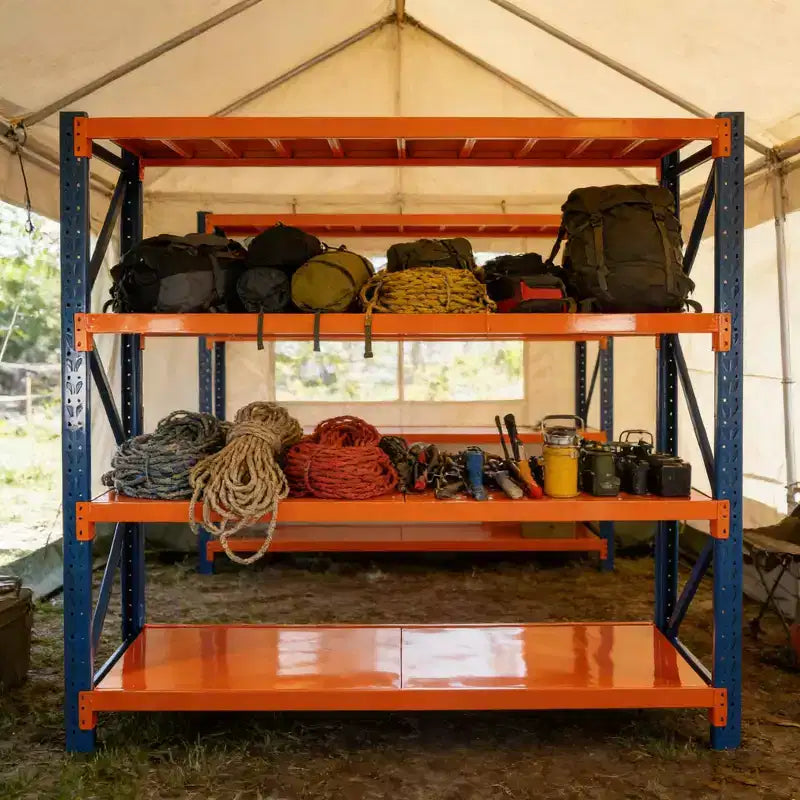 Scaffali per garage VIYET per impieghi gravosi, scaffalature in metallo regolabili a 4 ripiani con capacità di 2000 kg, stoccaggio industriale blu e arancione per negozio commerciale/attrezzi/palestra