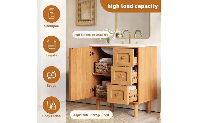 Mobile lavabo JVNOXK da 30 pollici, rustico e moderno, in ceramica, con 3 cassetti e 1 anta grande con chiusura ammortizzata, mobile contenitore, venatura del legno naturale