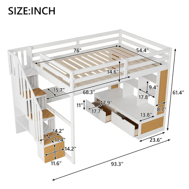 Letto a soppalco in legno massello naturale + bianco con scrivania e cassetti
