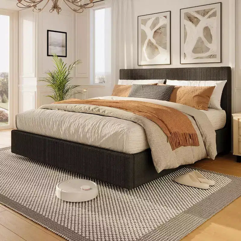 CuisinSmart - Struttura letto in velluto a coste con testiera, struttura letto imbottita con piattaforma con 4 cassetti portaoggetti e supporto a doghe in legno