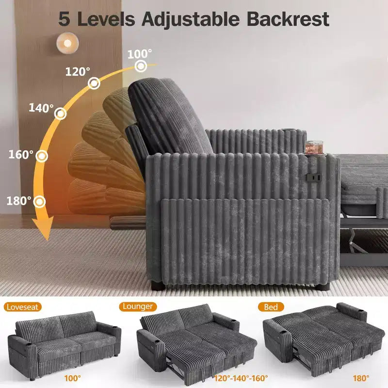 Divano Letto Sezionale Dyonery 91 con Letto Estraibile, Schienale Reclinabile/Due Letti Estraibili/Porte USB/Portabicchieri, Velluto a Coste Peluche