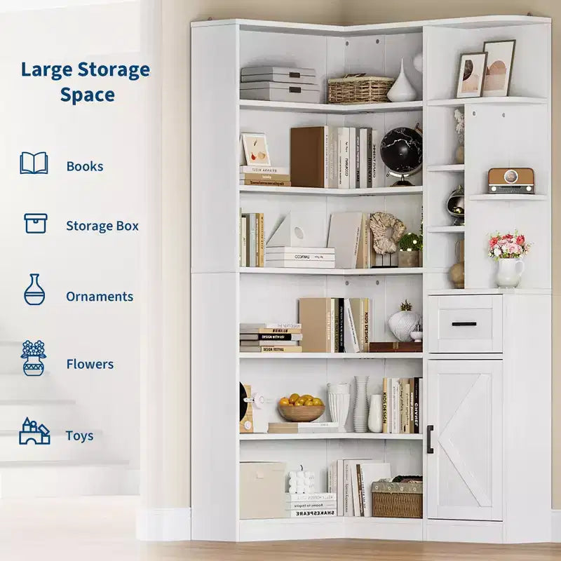 Libreria angolare, librerie angolari alte 74 pollici, libreria a forma di L a 6 livelli con ripiani aperti e cassetti portaoggetti per soggiorno o ufficio domestico