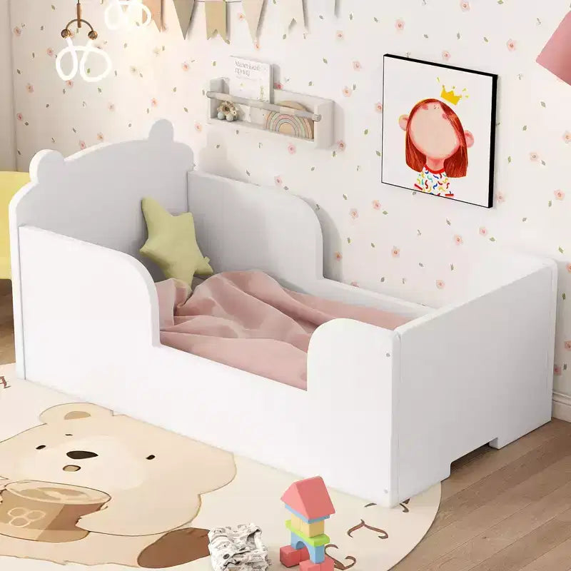 Letto a terra a forma di orso Okak per bambini dai 3 ai 6 anni, telaio per lettino con sponda di sicurezza, grazioso letto per bambini a forma di animale