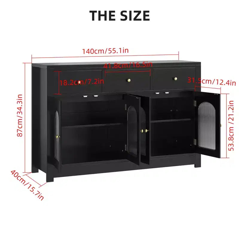 Credenza stretta da 140 cm con 3 cassetti e 4 ante per cucina, sala da pranzo, soggiorno