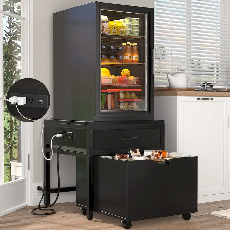 Mini Frigo con Stazione di Ricarica, Tavolino Laterale con Cassetti e Mobiletto su Ruote