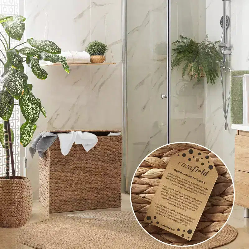 Casafield Cesto Portabiancheria a 2 Scomparti con Coperchio e Sacchi Rimovibili, Ordina Biancheria in Giunchino Intrecciato per Vestiti