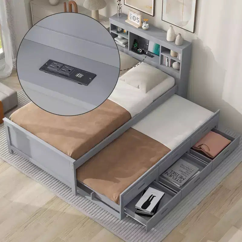 Letto a piattaforma con letto estraibile e cassetti, Letto a piattaforma contenitore con USB, Letto a piattaforma in legno con libreria