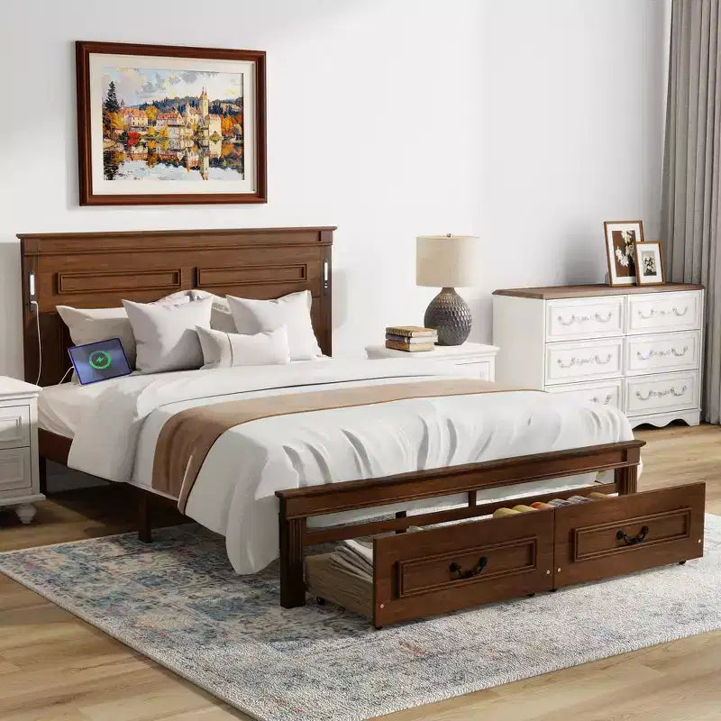 ModernLuxe Letto a Piattaforma Queen/King Size con Testiera Alta, Struttura Letto Rustica in Legno con 2 Cassetti, Luci LED e Porte USB