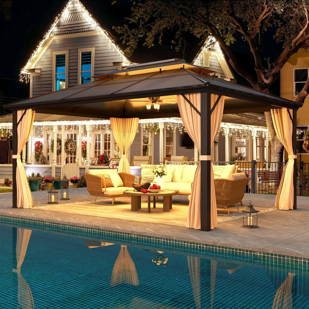 EROMMY Gazebo a tetto rigido, Pergola da esterno con doppio tetto, zanzariere e tende, Tenda da sole resistente per patio, cortile, feste in piscina