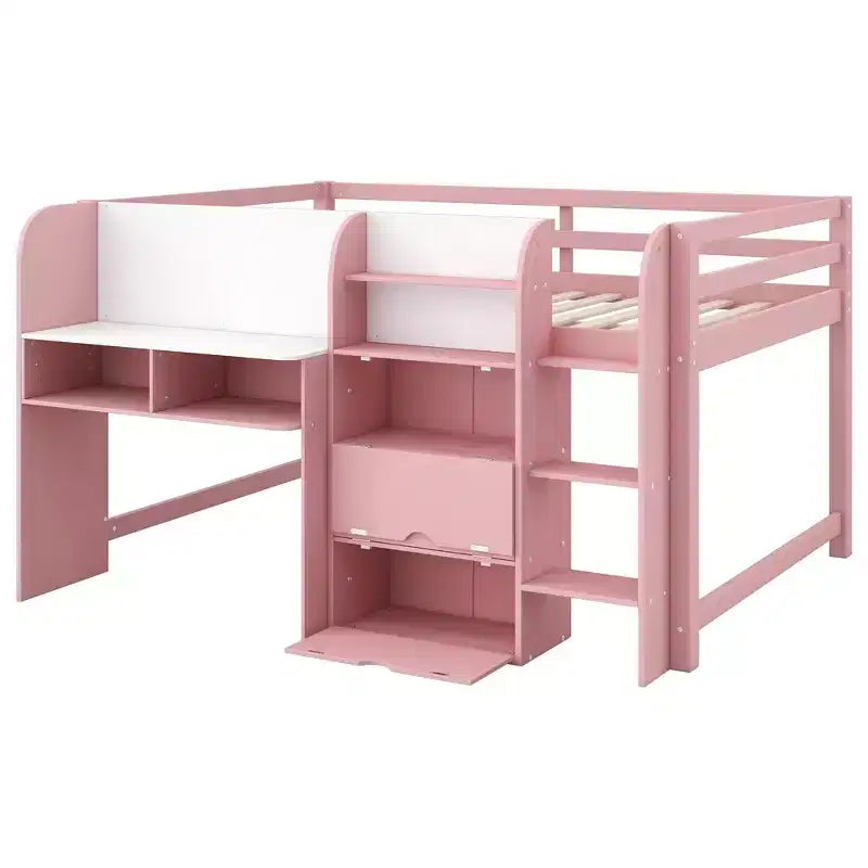 Letto a soppalco basso rosa/bianco con scrivania, contenitore e lavagna bianca – Singolo, 1 persona