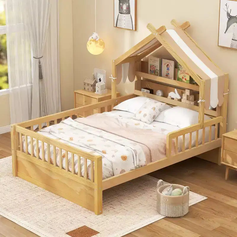 Letto a Capanna ModernLuxe per Bambini, Misura Singola/Piazza e Mezza, in Legno con Testiera Contenitore, Struttura in Pino Massiccio con Sponde di Protezione