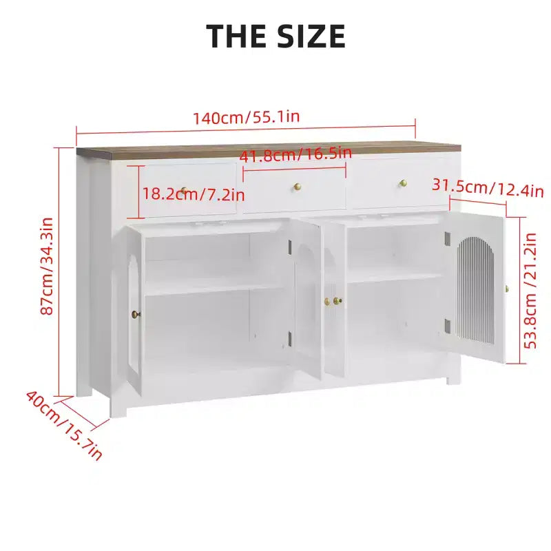 Credenza stretta da 140 cm con 3 cassetti e 4 ante per cucina, sala da pranzo, soggiorno