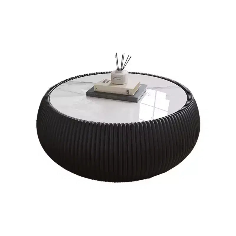 Tavolino Moderno Rotondo a Tamburo Okak con Piano in Marmo e Lato in Pelle, Tavolino da Centro alla Moda per Soggiorno, Camera da Letto