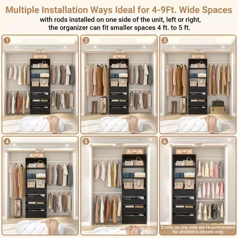 Besiost Sistema Organizer per Armadio in Legno 4-9 piedi con 4 Cassetti, 4 Aste Appendiabiti e Torri Scaffale