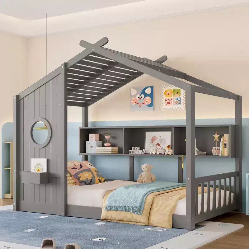 Struttura Letto a Piattaforma per Bambini Doppia/Matrimoniale Letto da Terra per Bambini Letto Montessori Letto a Casetta con Ripiano Portaoggetti - ModernLuxe