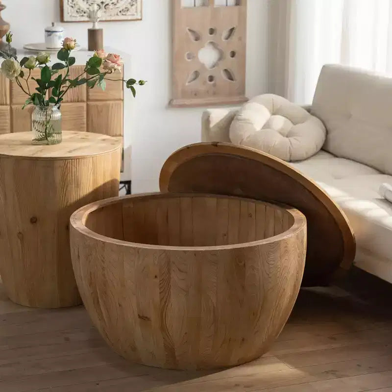 Tavolino contenitore rotondo retrò, in legno, adatto per soggiorno, sala da pranzo o ufficio.
