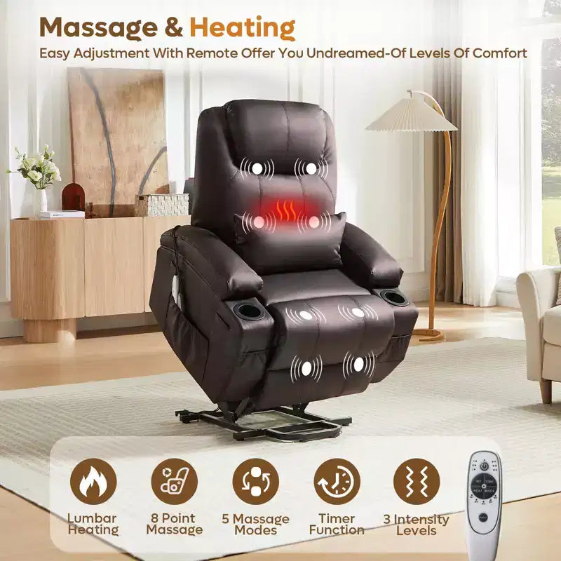 Bestier Poltrona Reclinabile Elettrica con Funzione Power Lift Assistita, Massaggio e Riscaldamento, in Ecopelle, con Tasche Laterali e Portabicchieri, 88 cm