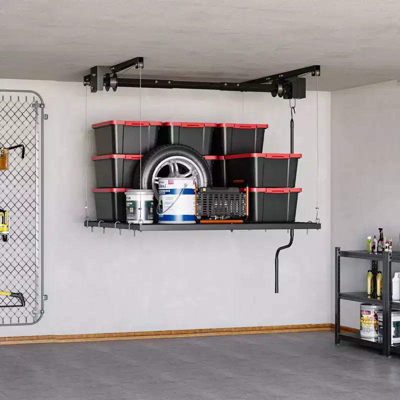 Scaffale pensile regolabile per garage per impieghi gravosi, montaggio a soffitto con blocco di sicurezza, capacità di 113 kg per contenitori, attrezzi, biciclette e garage