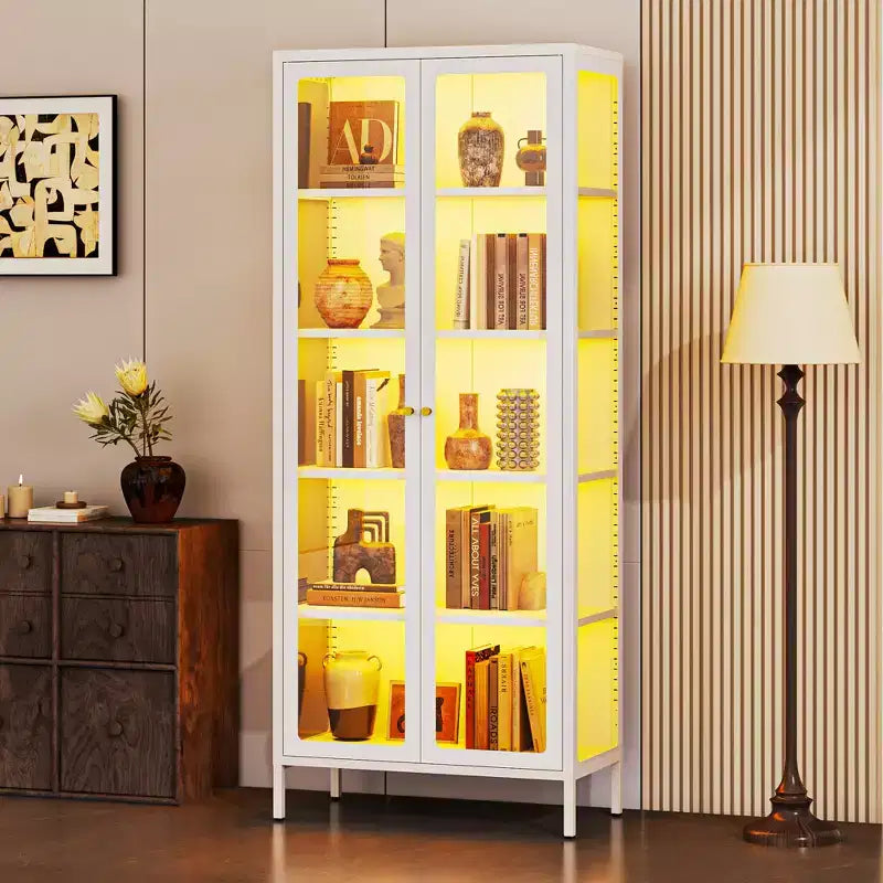 Bekrvio 67H Vitrine en Verre à 3 Côtés avec Lumières LED, Rangement à 5 Niveaux avec Double Porte et Cadre Métallique pour Objets de Collection, Idéale pour les Petits Espaces