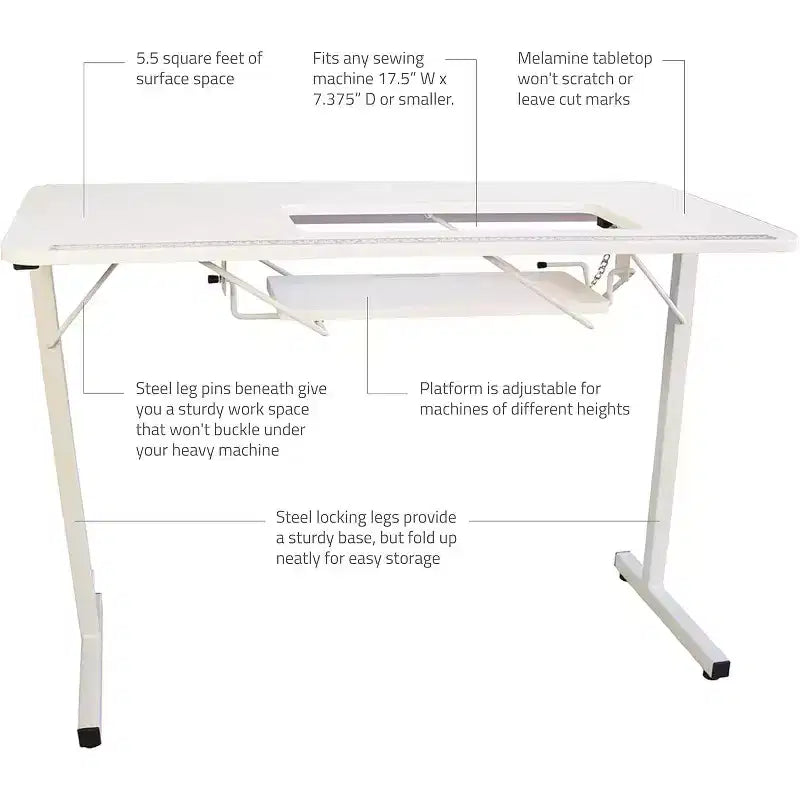 SewingRite SewStation 101, Tavolo da cucito pieghevole portatile con gambe in acciaio, Bianco - Perfetto per Casa, Ufficio e Attività Commerciali