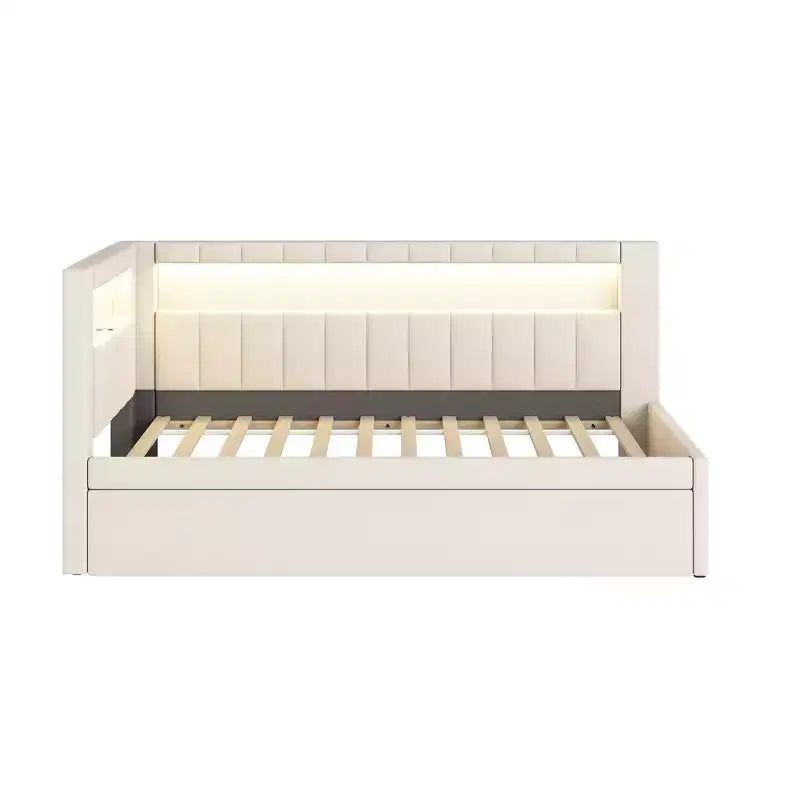 Letto da Giorno Twin/Full con Letto Estraibile e Testiera a Libreria a L, Letto Angolare Imbottito in Lino con Ripiani Portaoggetti e Cinghia a LED