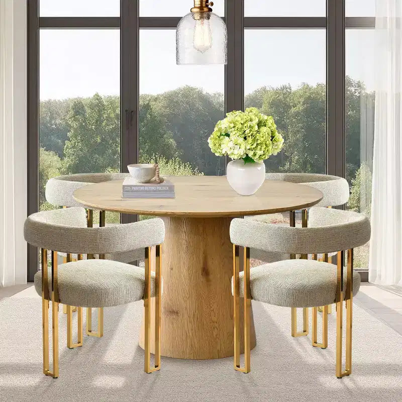 Set Tavolo da Pranzo Rotondo Espandibile a Ovale con 4 Poltroncine in Velluto, Design Moderno con Base a Piedistallo, Posti a Sedere Fino a 8 Persone-Panipeachy