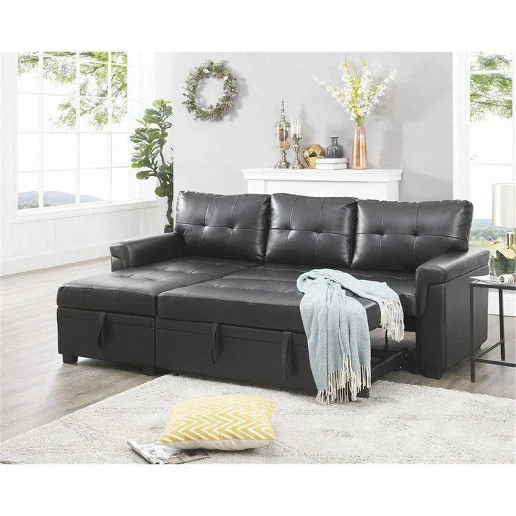 Divano componibile convertibile reversibile con letto estraibile, chaise longue con contenitore nascosto e gambe durevoli