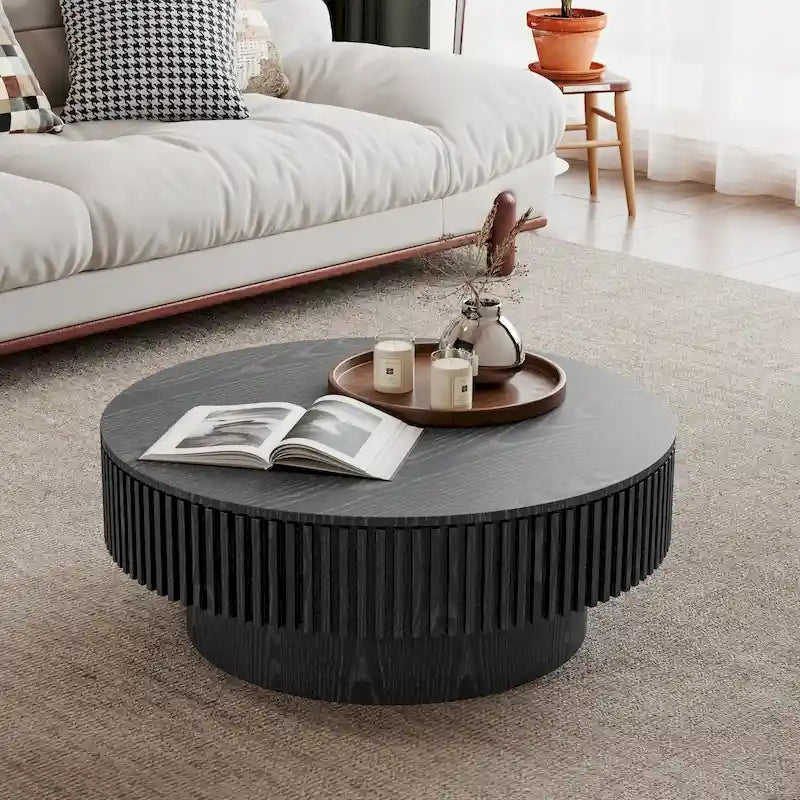 Tavolino rotondo moderno in legno massello impiallacciato con contenitore