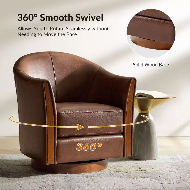 Poltrona a botte girevole Pocono in vera pelle con base in legno massello - Set da 2Artful Living Design