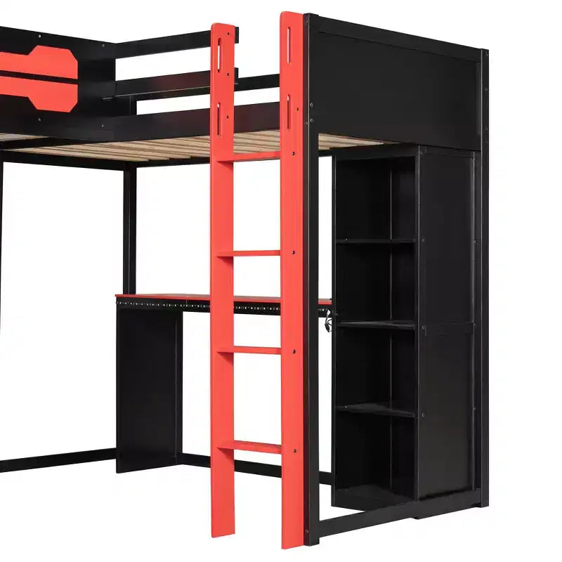 Letto a soppalco a L da gaming con scrivanie, letti a soppalco doppi con luci LED, porte USB, scaffali portaoggetti, letto a soppalco ad angolo in legno per 2
