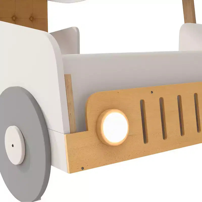 Letto a forma di Auto Whisen in Legno con Cuscino, Baldacchino in Tessuto e LED - Naturale
