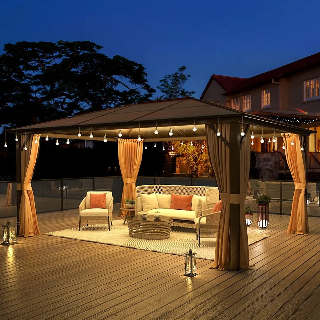 EROMMY Gazebo a tetto rigido, Pergola da esterno con doppio tetto, zanzariere e tende, Tenda da sole resistente per patio, cortile, feste in piscina