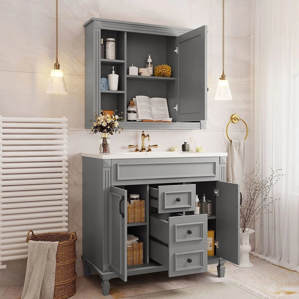 Mobile Bagno Moderno da 90cm con Lavabo Integrato e Specchiera, 2 Ante e 2 Cassetti